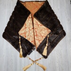IMAN Faux Fur Wrap Shawl Womens Brown Gold Damask‎ Jacquard With Beaded Tassels